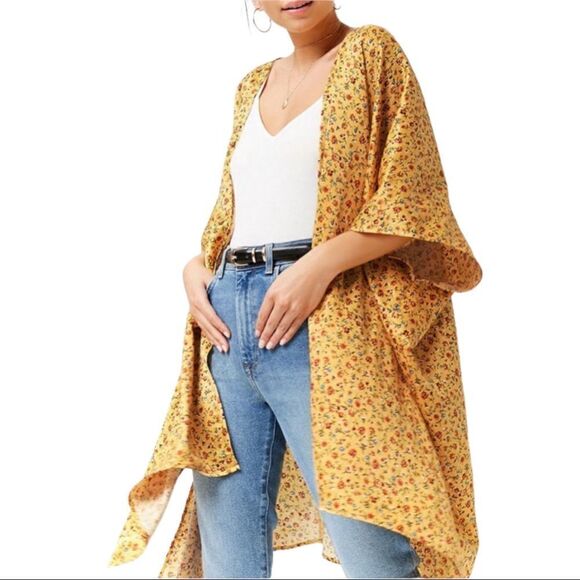 Yellow Satin Ditsy Floral Open Front Cardigan, Size S/M - Picture 1 of 11